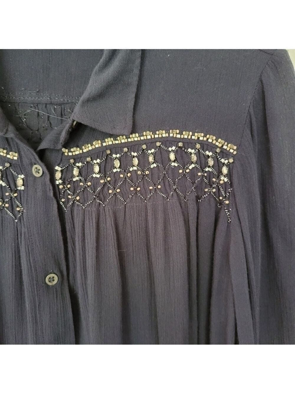Anthropologie Floreat Beulah Beaded Buttton Up Pleat Front Long Sleeve Blouse - Picture 10 of 16